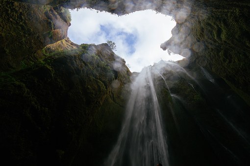 Cave, Pit, Waterfall, Inside, Deep Down